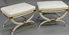 Pair of benches with white leather tops on cruel bases. ht. 17 in., top: 16 1/2" x 22 1/2". Provenance: The Estate of Ed Brenner, Short Hills N.J.