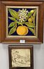 Three framed tile plaques, Demetrius, Josiah Wedgwood and Sons Etruria (6" x 6") and a pair of plaques painted with leaves and lemons. Provenance: The