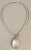 Designer Sterling Silver Necklace, with large teardrop shaped carved light blue stone, signed AB. 29.5 millimeters x 47 millimeters.