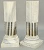 Pair of White Marble Pedestals, column style with brass stop fluting, set on round and square bases (small, minor chips at top). height 39 inches, dia