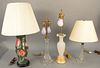 Group of four table lamps to include a pair of floral vase lamp, white opaline glass vase made into a lamp, and two crystal candlestick lamps. ht. 17 