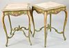 Pair of paint decorated tables each with inset marble tops and x stretchers. ht. 29 in., top: 20 1/2" x 20 1/2". Provenance: Former home of Mel Gibson