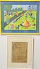 Five framed pieces to include Camille Fonce, Les Sapins dry point etching; artist proof lithograph signed illegibly; Jack Levine lithograph pencil sig