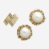 Diamond and gold ring and a pair of mabe pearl earrings