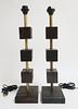 Near Pair Modernist Stained Pine & Brass Lamps