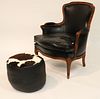 Black Leather Bergere and a Pouf