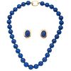 CHOKER AND EARRINGS SET WITH LAPIS LAZULI. 14K YELLOW GOLD AND BASE METAL