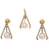 PENDANT AND EARRINGS SET WITH CULTURED PEARLS AND DIAMONDS. 14K YELLOW GOLD