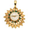 PENDANT WITH CULTURED PEARL AND JADEITES. 14K YELLOW GOLD