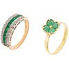 TWO RINGS WITH EMERALDS, DIAMONDS AND JADEITES. 14K YELLOW AND PINK GOLD