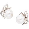 HALF PEARLS AND DIAMONDS EARRINGS. 14K WHITE GOLD AND PALADIUM SILVER