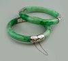 FINE Chinese Pair Green Jade (Feicui) Bangles with White metal connections, 2 7/8" -2 3/8" diameter