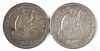 Two Seated Liberty quarters, 1857, VF-XF.