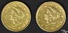 Two one dollar gold coins, 1851, type 1, XF.