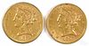 Two five dollar gold coins, to include an 1881 S with a "R" scratched into the reverse and an 1895, AU-UNC.