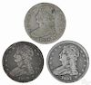Three Cap Bust silver half dollars, with reeded edge, to include an 1837, VG-F, and two 1838, VG-F.