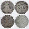 Four Seated Liberty half dollars, well-worn, to include an 1858 O, an 1859, an 1860 O, and an 1868 S