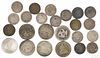 Seven Seated Liberty silver quarters, all well worn or damaged, all with readable dates