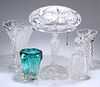 A GROUP OF GLASS, comprising a cut-glass mushroom lamp, two cut-glass vases