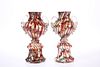 A PAIR OF VICTORIAN SPLATTER GLASS VASES, the marbled pedestal bodies with 