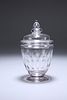 AN 18TH CENTURY GLASS CADDY, the cover with acorn knop, the body with slice