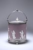 A WEDGWOOD SILVER-PLATE MOUNTED  LILAC JASPERWARE BISCUIT BARREL, c. 1900, 