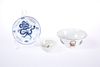 THREE CHINESE PORCELAIN BOWLS/DISHES, one blue decorated with a dragon. (3)