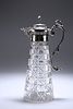 A VICTORIAN SILVER-PLATE MOUNTED CUT-GLASS CLARET JUG, with hobnail cut tap