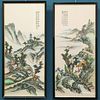 A PAIR OF CHINESE PAINTED SILK PICTURES, each depicting a landscape, framed