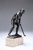 A PATINATED METAL FIGURE OF A HOCKEY PLAYER, on a marble base. 24cm high ov