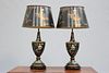 A PAIR OF CHINOISERIE DECORATED TOLE LAMPS AND SHADES, of urn-form with tur