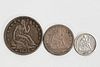 THREE LIBERTY SEATED SILVER COINS, 10C, 25C., 50C.
