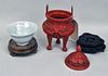 Chinese Yuan Style Bowl & Red Lacquer Censer