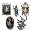 GROUP OF 5 925 SILVER PENDANT PINS, ALLEGORICAL THEMES