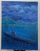 Contemporary Painting Fishing from Kayak, Signed