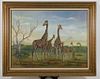 African Landscape w/Giraffes Painting, 1984