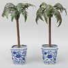 Pair of Painted Tin Palm Trees in Blue and White Porcelain JardiniÃ¨res, Modern