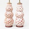 Pair of Brown and White Porcelain Triple Gourd Form Vases Mounted as Lamps