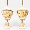 Pair of Agate Porcelain Urn Form Lamps on Marble Bases
