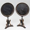 Pair of Regency Black Painted and Parcel-Gilt Dressing Mirrors with Dolphin Form Supports