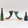 Pair of Victorian Gilt-Metal-Mounted Cut Glass Cornucopia Vases and Two Green Glass Decanters
