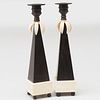 Pair of Faux Ebony and Faux Ivory Pyramidal Candlesticks, Designed by Parish Hadley, Modern