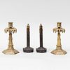 Pair of Victorian Neo-Gothic Patinated-Metal Fan Holders and a Pair of Victorian Neo-Gothic Gilt-Bronze Candlesticks