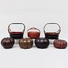 Group of Four Asian Lacquered Gourd Baskets and Three Lacquered Baskets