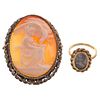 An 18K Painted Cameo Ring with Shell Cameo Pin