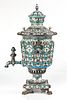 A LARGE RUSSIAN FABERGE-STYLE SILVER AND SHADED CLOISONNE ENAMEL SAMOVAR, LATE 20TH CENTURY