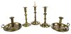 Pair Brass Chambersticks, Three Candlesticks