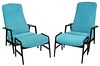 Pair Blue Upholstered Lounge Chairs and Ottomans