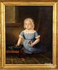 Oil on canvas portrait of a child with a rattle.