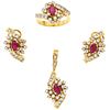 PENDANT, RING AND EARRINGS SET WIH RUBIES AND DIAMONDS. 18K YELLOW GOLD